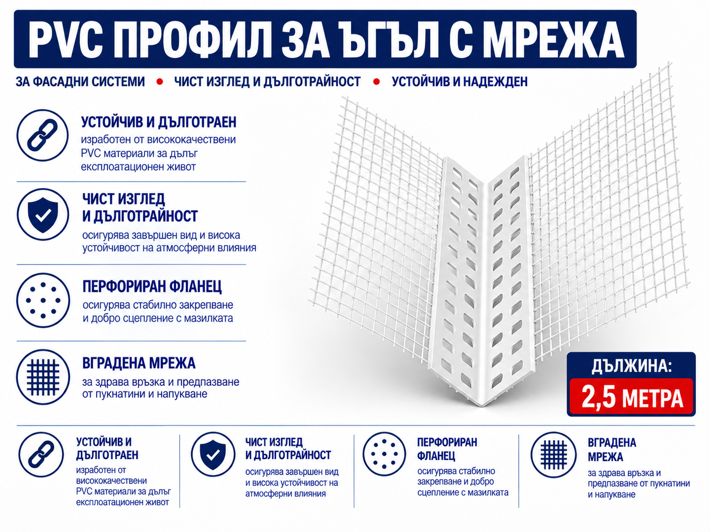 pvc профил за ъгъл с бяла мрежа 2.5м 1